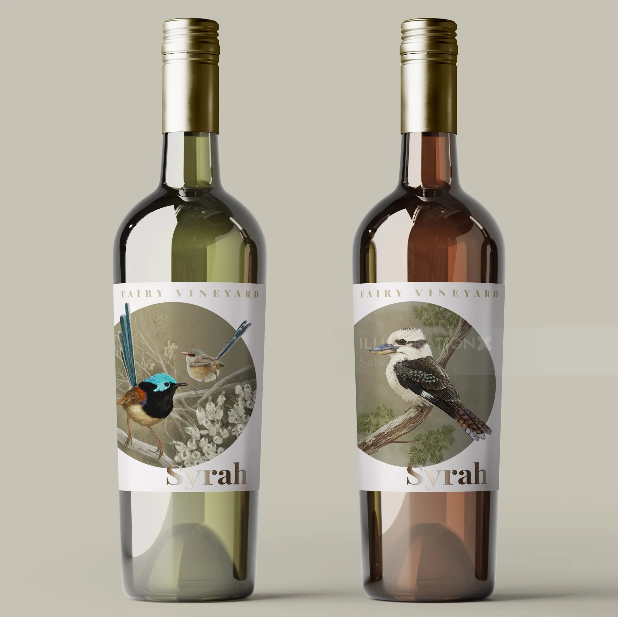 Two wine bottles with bird illustrations on labels