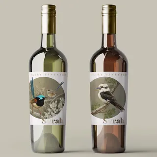 Two wine bottles with bird illustrations on labels