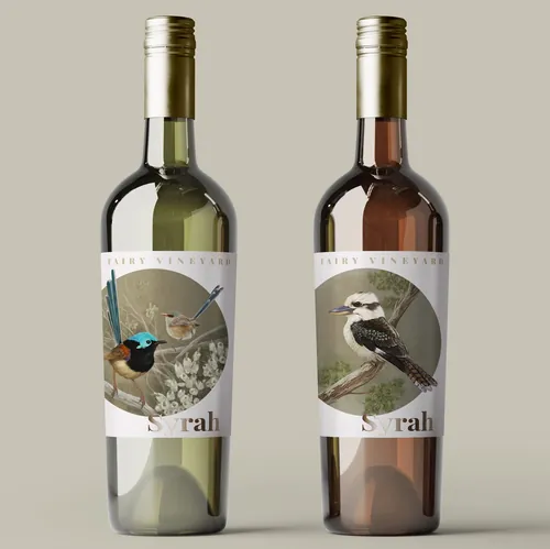 Two wine bottles with bird illustrations on labels