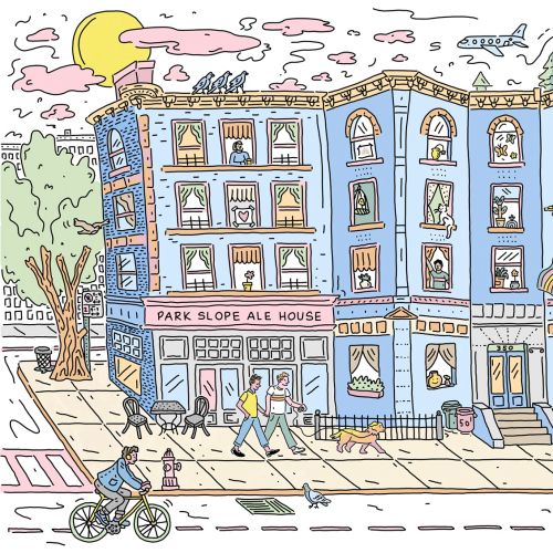 Seek & find an illustration of a street scene in Brooklyn, NY