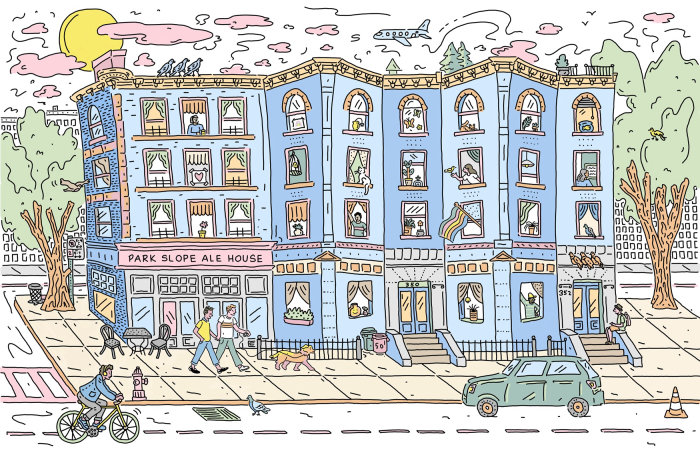 Procure e encontre uma ilustração de uma cena de rua no Brooklyn, NY