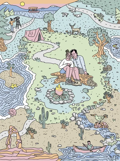Line and colour drawing of a couple camping