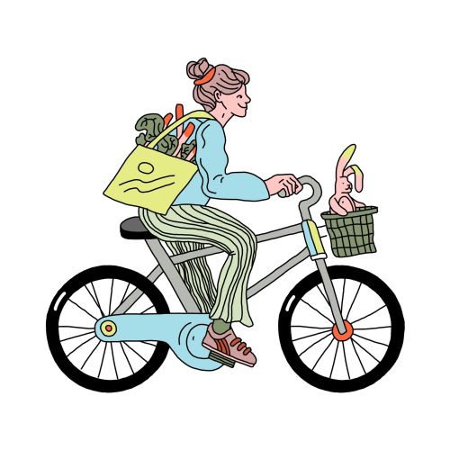 Female cyclist drawn in cartoon style