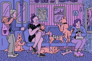 Travelers on the subway with their pets
