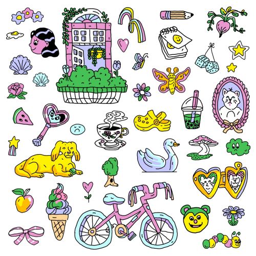 Sticker art featuring a garden and pet theme