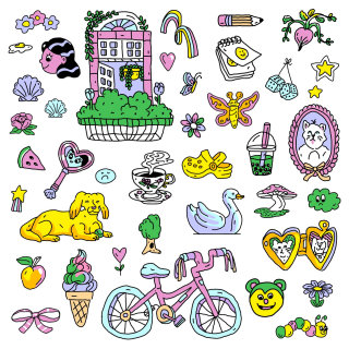 Sticker art featuring a garden and pet theme