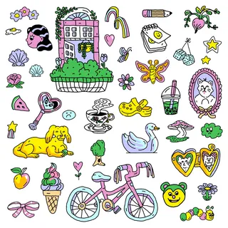 Sticker art featuring a garden and pet theme