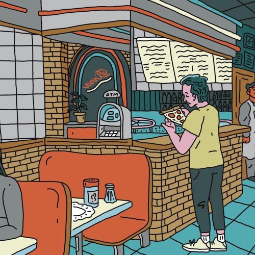 Caricature of a pizza restaurant in Brooklyn