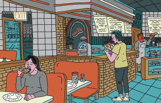 Caricatura de una pizzería en Brooklyn