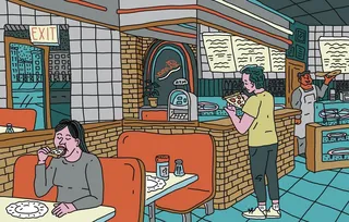 Caricatura de uma pizzaria no Brooklyn