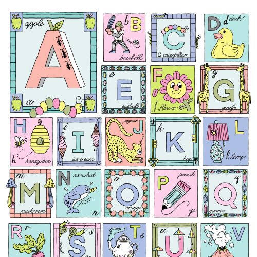 Colorful alphabet chart with animals and objects for each letter