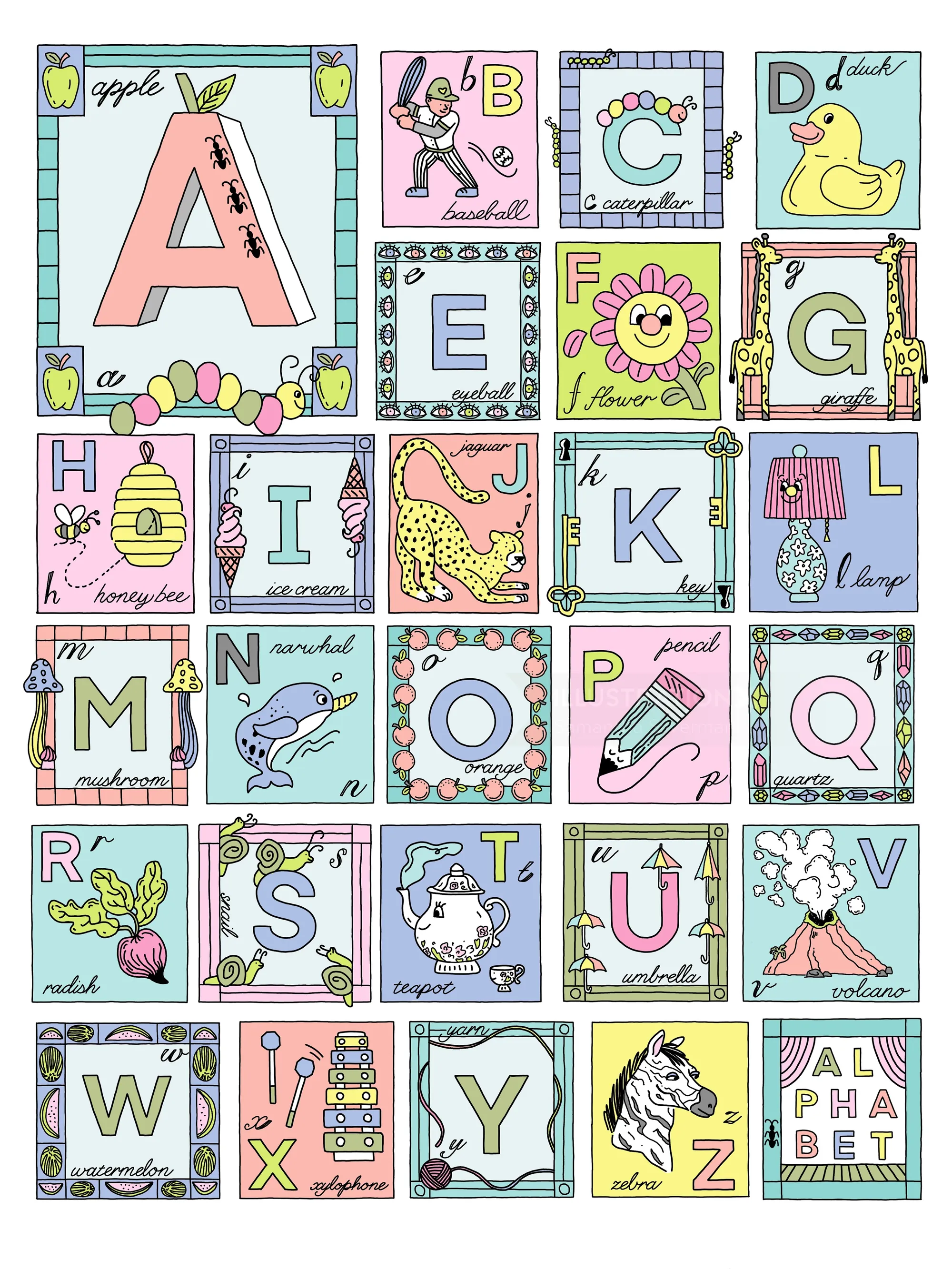 Colorful alphabet chart with animals and objects for each letter