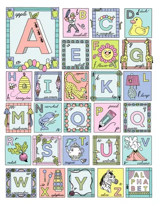 Colorful alphabet chart with animals and objects for each letter