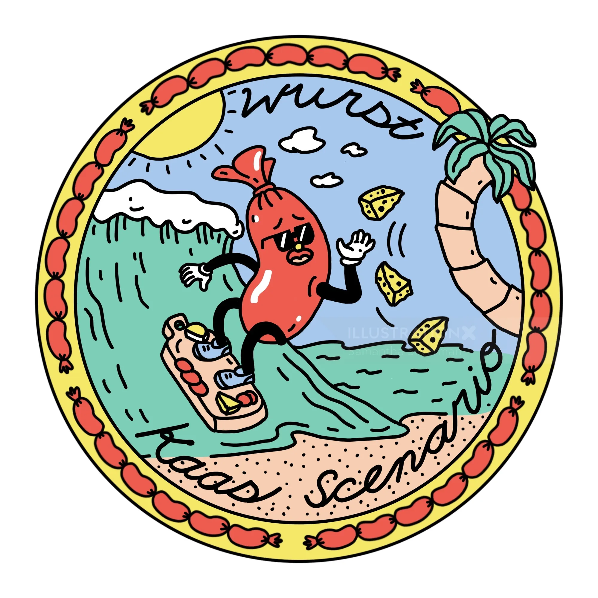 Cartoon sausage surfing with cheese on beach under palm tree