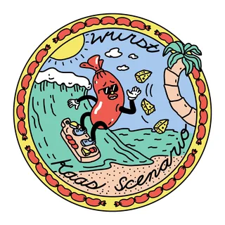 Cartoon sausage surfing with cheese on beach under palm tree