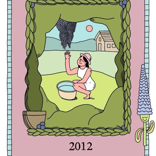 Illustration of person harvesting grapes for natural wine in vineyard