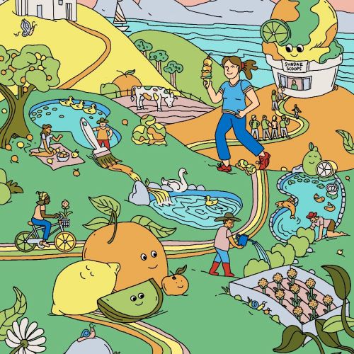 Colorful seek and find scene with playful characters and nature elements