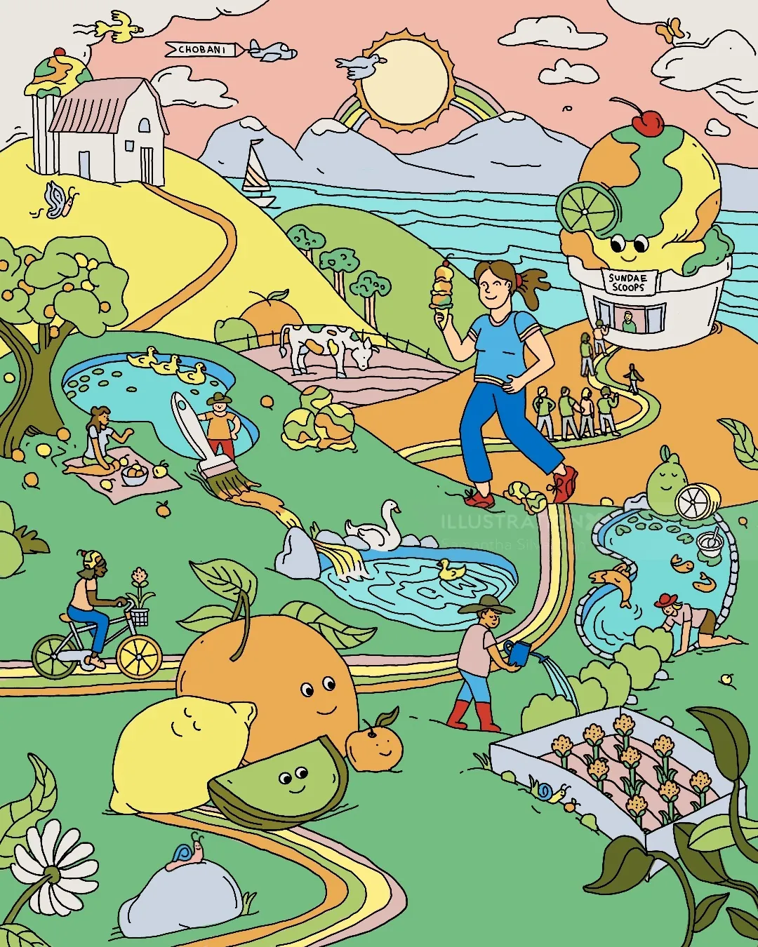Colorful seek and find scene with playful characters and nature elements
