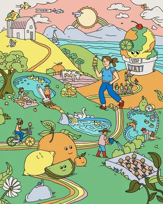 Colorful seek and find scene with playful characters and nature elements