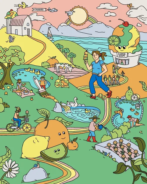 Colorful seek and find scene with playful characters and nature elements