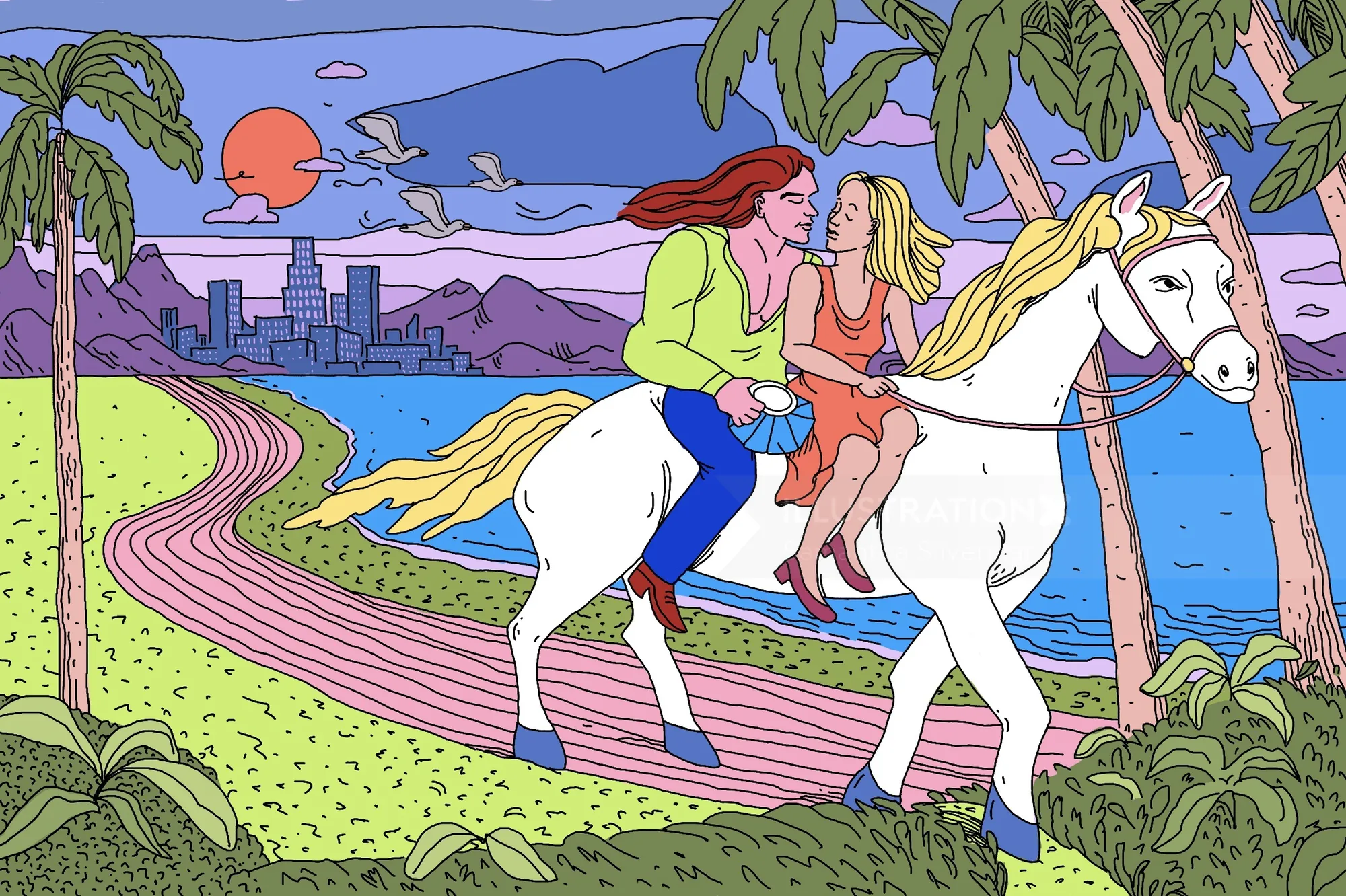 Couple riding white horse along beach at sunset