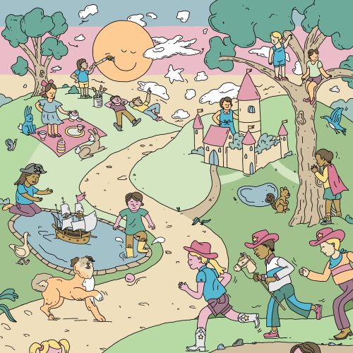 Children playing creatively outdoors on a sunny day