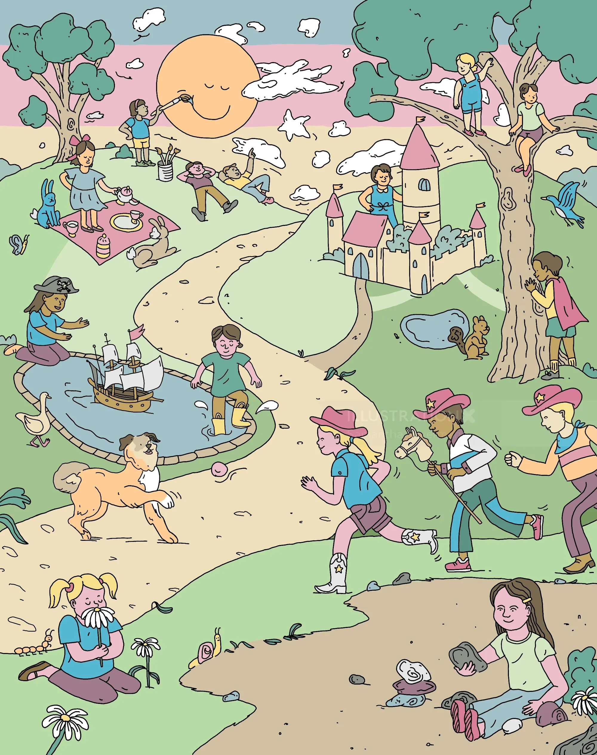 Children playing creatively outdoors on a sunny day