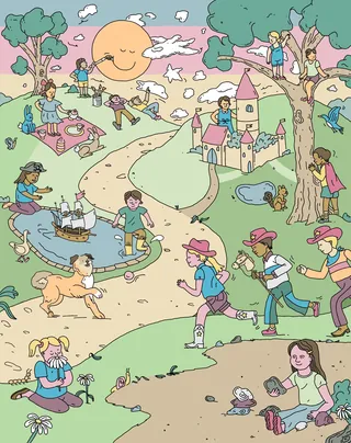 Children playing creatively outdoors on a sunny day