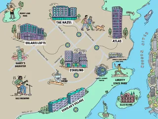 Illustrated map of Jersey City development sites with lifestyle icons