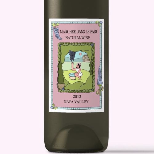 Wine label with woman sitting and natural scenery illustration