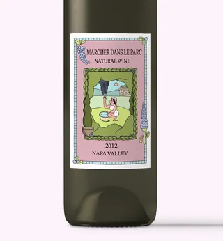 Wine label with woman sitting and natural scenery illustration
