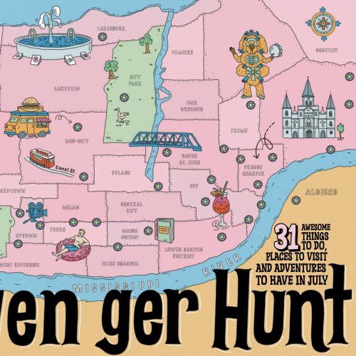 Illustrated map of Louisiana with New Orleans scavenger hunt locations