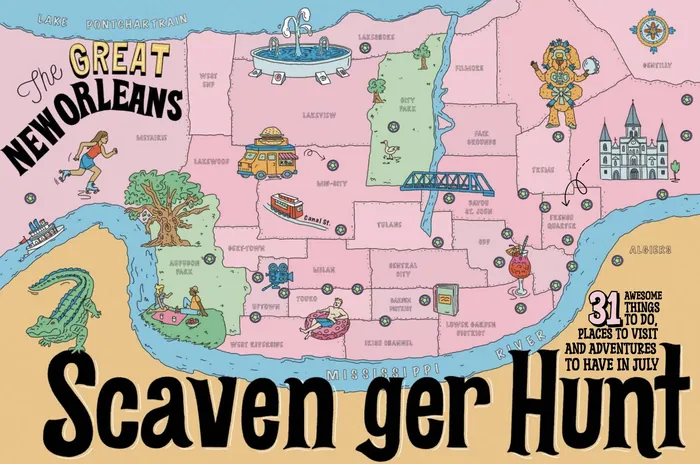 Illustrated map of Louisiana with New Orleans scavenger hunt locations