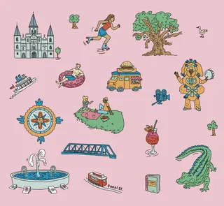 Illustrations of New Orleans landmarks and icons on pink background