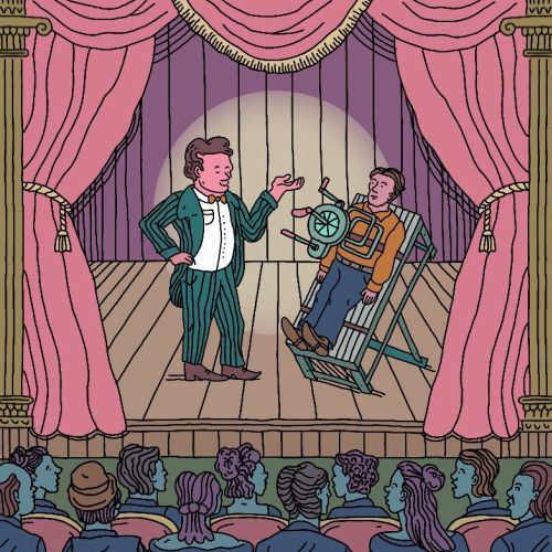 Illustration of man performing hypnotism on stage before audience