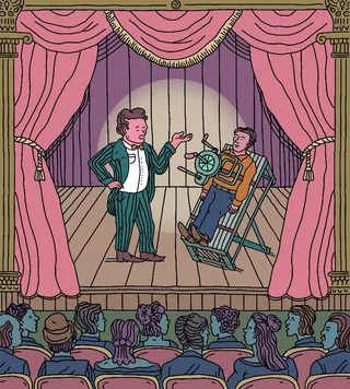 Illustration of man performing hypnotism on stage before audience
