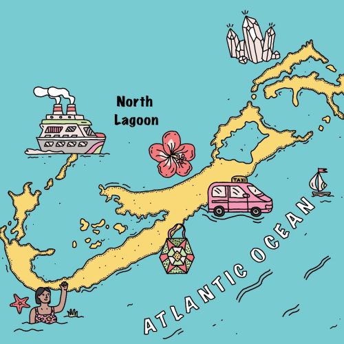 Illustrated map of Bermuda with landmarks and Atlantic Ocean label