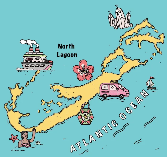 Illustrated map of Bermuda with landmarks and Atlantic Ocean label