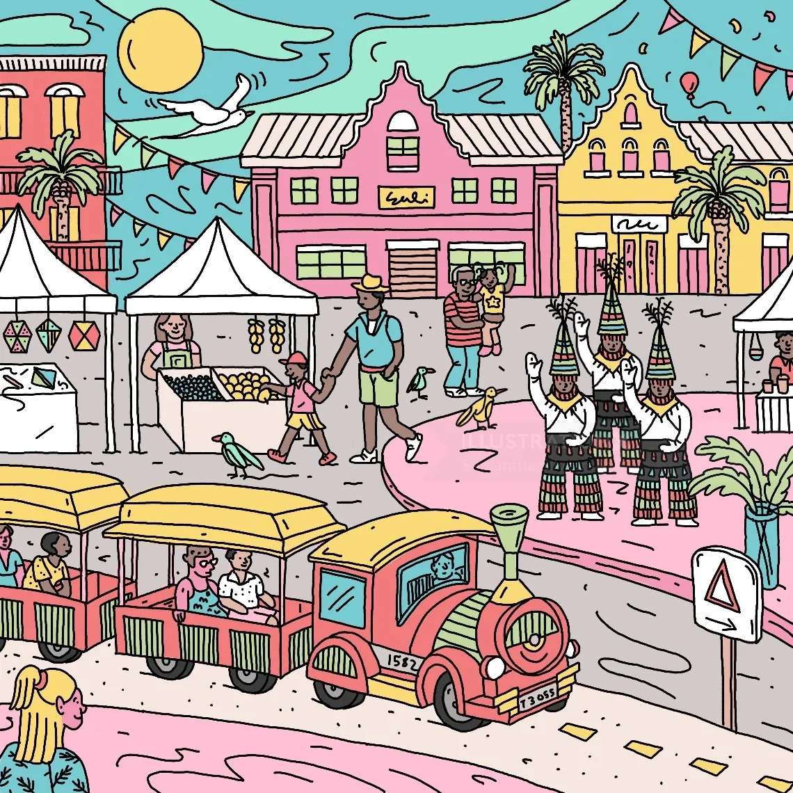 Colorful street scene with people, market stalls, and a small train