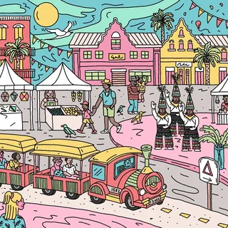 Colorful street scene with people, market stalls, and a small train