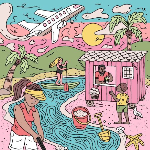 Family playing golf and beach activities near river and airplane