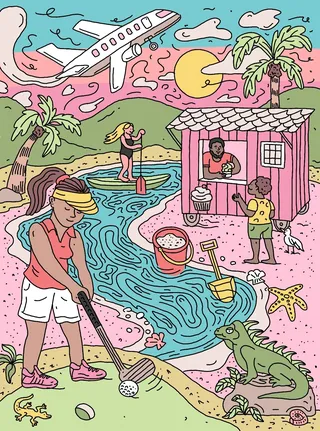 Family playing golf and beach activities near river and airplane