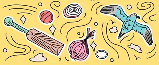 Cricket bat, ball, onion, and bird in colorful sketch style