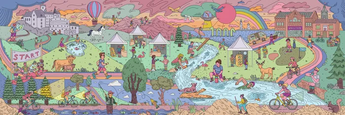 Colorful mural with diverse people, animals, and objects in a scenic park