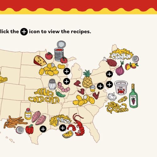 Map of the USA with food illustrations linking to Eater and Oreida recipes