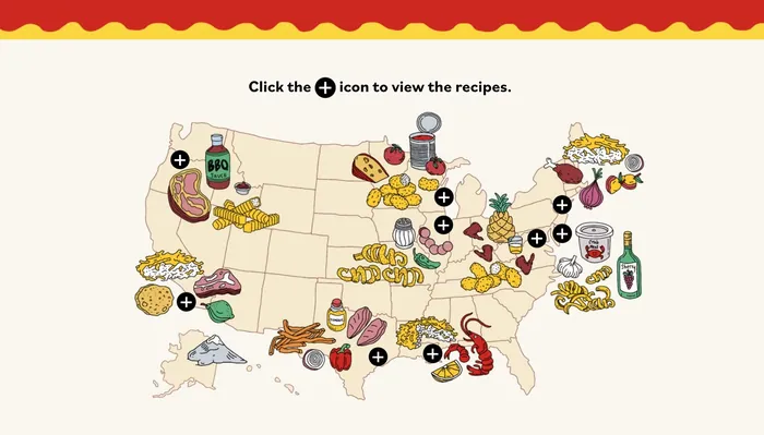 Map of the USA with food illustrations linking to Eater and Oreida recipes