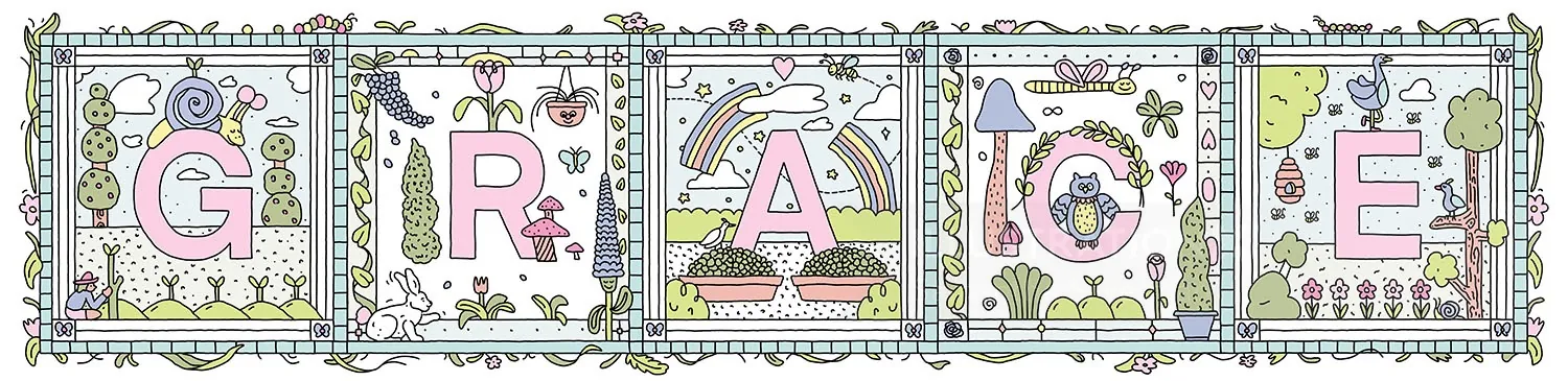 Illustrated nursery blocks spelling GRACE with floral and nature designs