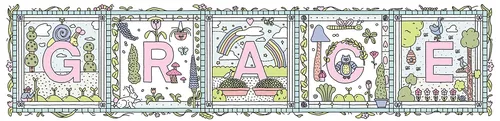 Illustrated nursery blocks spelling GRACE with floral and nature designs