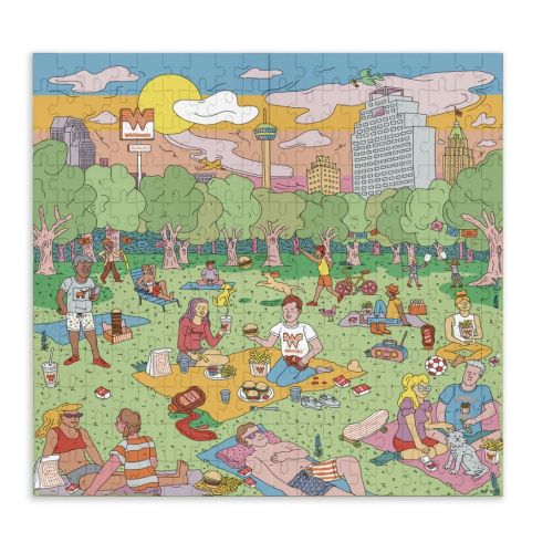 Colorful park scene with people relaxing and city skyline in background