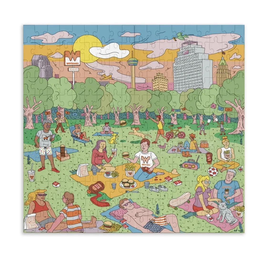 Colorful park scene with people relaxing and city skyline in background